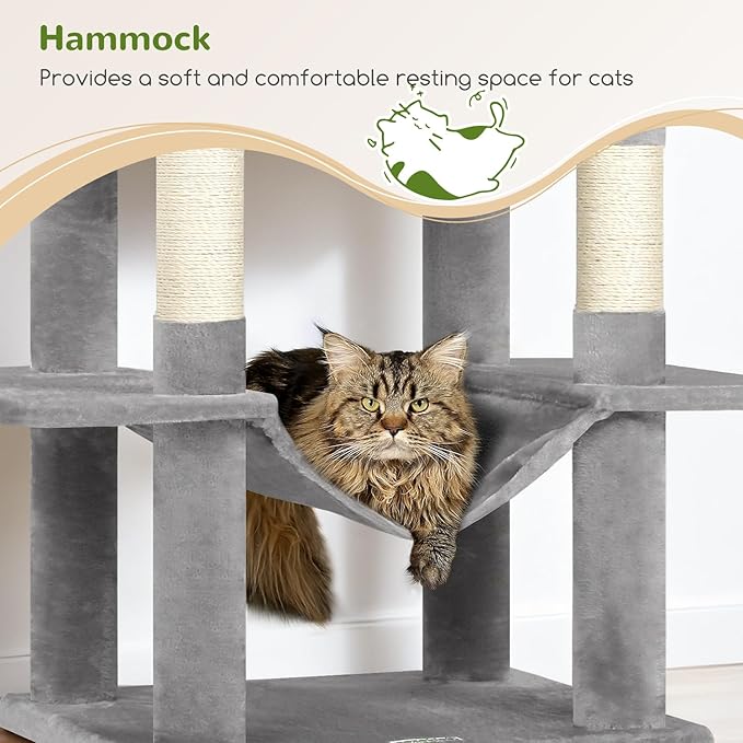 Globlazer Cat Tree Tower, 76-Inch Extra Tall Multi-Level Cat Furniture with Cozy Condos, Hammock and Perches for Adult Cats, Perfect for Climbing, Scratching, and Play, F76, Light Grey-PawvioPets