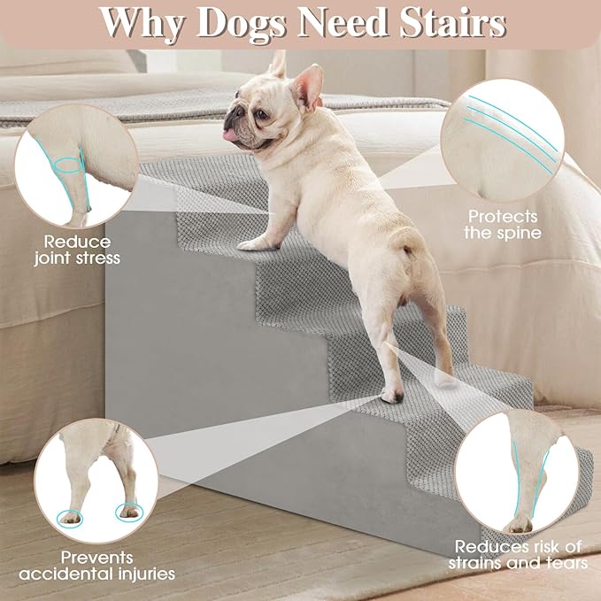 GGIB Dog Stairs for Small Dogs Cats Non-Slip Dog Steps for High Bed Pet Stairs for Sofa Couch Pet Ramp Pet Steps with Removable Washable Cover, Light Grey, 22" H, 5-Step-PawvioPets
