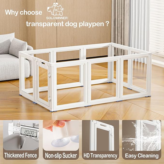 Dog Playpen Transparent Puppy Playpen Indoor, Easy Assemble & Disassemble Clear Pet Playpen, Sturdy & Easy Cleaning Plastic Dog Fence with Suction Cup (23.6"" H, 10PCS), White-PawvioPets