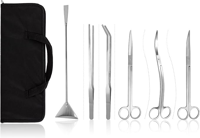 Aquascaping Tools 7 in 1 Kit Aquarium Plant Scissors Tools Set Curved & Waved Scissor Tweezers Spatula Stainless Steel Anti Rust Tools for Fish Tank Cleaning Plant Trimming-PawvioPets