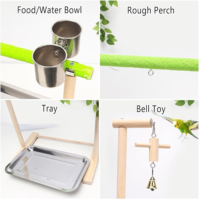 Bird Palyground, Parrot Playstand Natural Wood, Bird Perch Stand Gym with Feeder Cups and Removable Tray, Bird Cage Accessories for Parakeets Cockatiels Lovebirds-PawvioPets