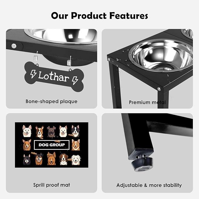 Elevated Dog Bowls,16inch Tall Pet Bowl Holder, Raised Bowl Stand with 2 Stainless Steel Bowls (68oz) and Spill-Proof Mat, Dog Feeder for Large Extra Large Breeds-PawvioPets