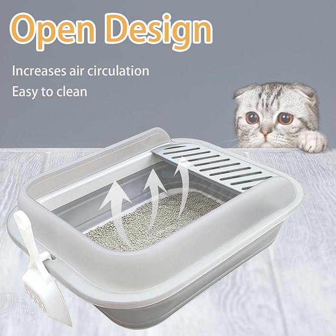 Collapsible Kitten Litter Box, Open High Sided Cat Potty Pan with Scoop Shallow Cat Toilet Anti-Splashing Low Entrance Travel Litter Box with Falling Sand Pedal for Kitty to Senior Cats-PawvioPets