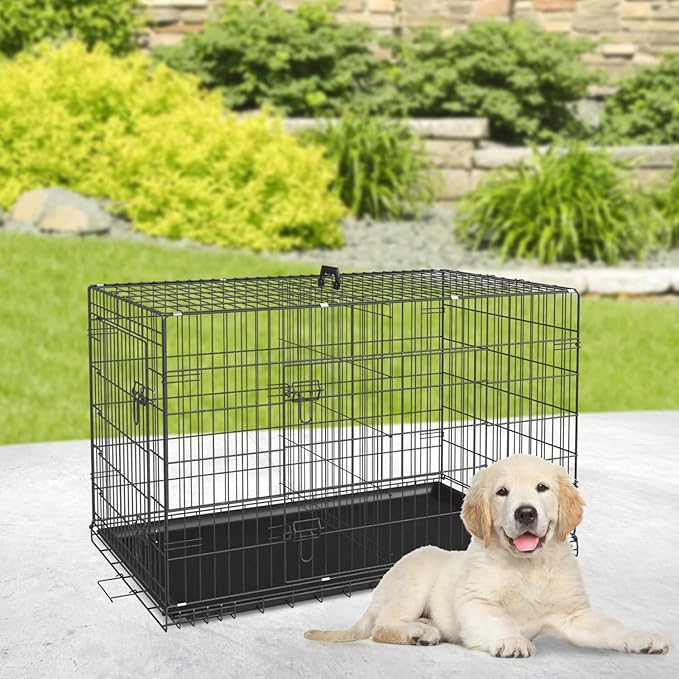 BestPet | Dog Crate | 24" | Black | Foldable Metal Kennel with Double Doors, Secure Slide-Bolt Latches, Leakproof Tray | Portable Dog Cage for Small Breeds | for Travel, Indoor & Outdoor Use-PawvioPets