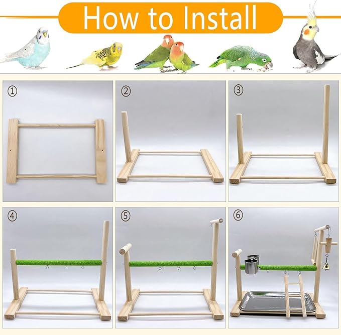Birds Playground Parrot Playstand Birds Perch Stand Gym Natural Wood Play Stand with Ladder Swing Feeder Cups for Parakeets Cockatiels Lovebirds Conures Budgies-PawvioPets
