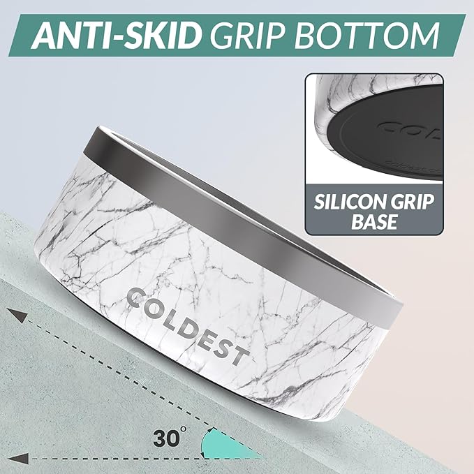Coldest Dog Bowl - Anti Rust Metal, Non Slip, 3 Layers Insulated Stainless Steel Dog Bowls - Spill Proof & Heavy Duty - Water Bowl for Dogs, Cats & Pets, Dish Washer Safe (100 oz, Carrara Marble)-PawvioPets