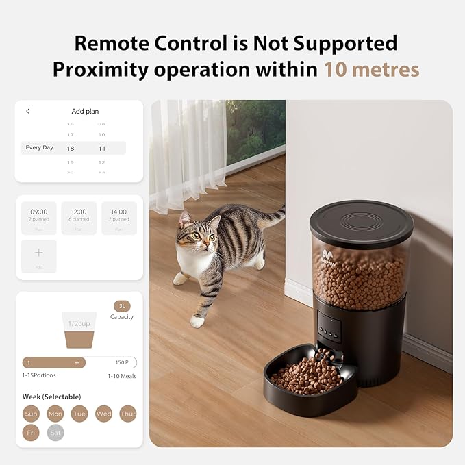 Automatic Cat Feeder - 3L Pet Dry Food Dispenser with Timed Programmable Portion Control, Dual Power Backup, Easy Set Up, 10 Meals Per Day for Cats and Puppies, Black（Remote Not Supported）-PawvioPets