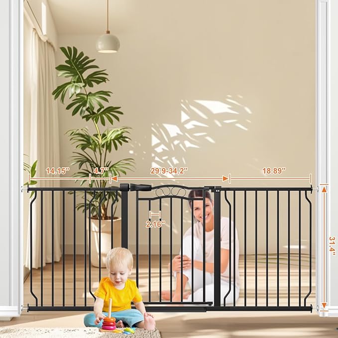 62.2-71.6" Extra Wide Baby Gate for Stairs No Drilling, 30" Tall Auto Close Press Mounted Baby Gate for Doorways, Adjustable Width Walk Through Long Gates for Kids or Pets, Black-PawvioPets