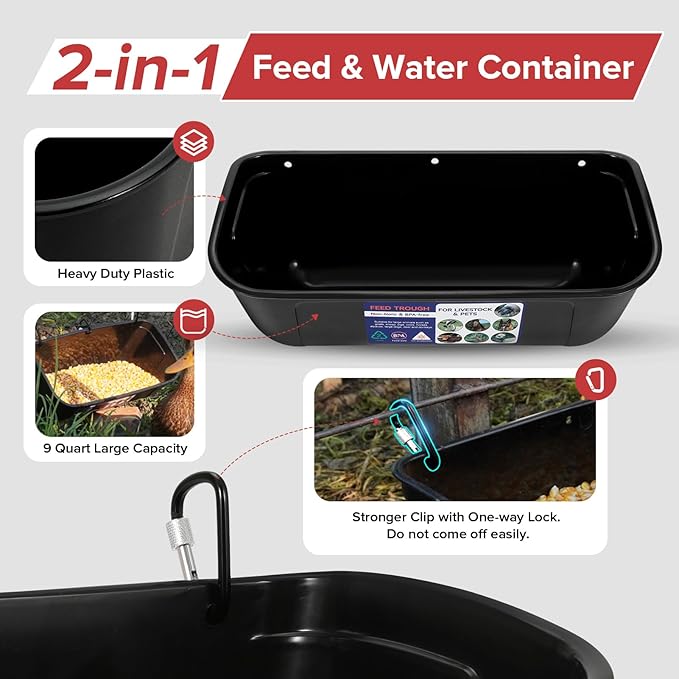 Goovilla Large Feed Trough, Hanging or Screw-in Fence Feeder with Clips, 2 Pack 9 Quart Goat Feeder Supplies, Dog Horse Hog Pig Livestock Poultry Plastic Feeder Trough Bucket for Large Animal, Black-PawvioPets