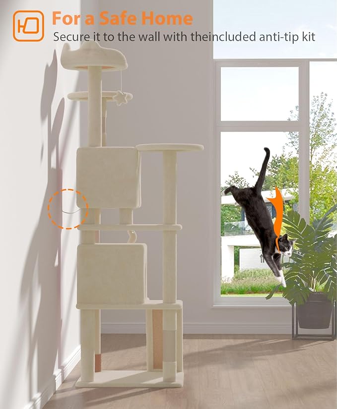 77'' Cat Tree Tower for Indoor Cats Large Adult, Cute/Tall Modern Cat Tree for Big Cats 20 lbs, Plush Multi-Level Cat Condo with Scratching Posts, Dangling Ball for Fun Play (Beige, 77 inch)-PawvioPets