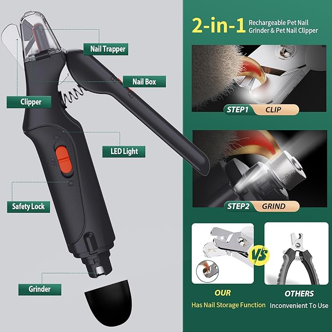 2-in-1 Dog Nail Clippers & Cat Nail Clippers Trimmers for Large Medium Small Dogs Cats Claw Trimmer Quick Sensor and Safety Guard USB Rechargeable with 2 LED Lights Dogs Nail Trimmer-PawvioPets