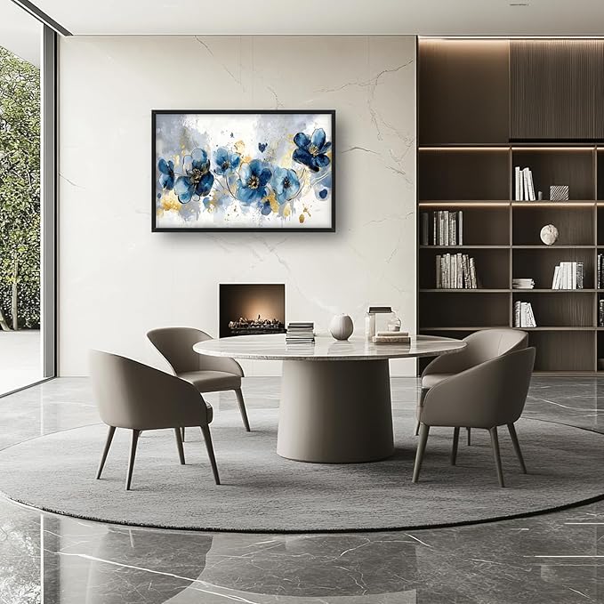 Extra Large Framed Abstract Blue Flower Wall Art,Oversized Golden Grey Floral Wall Decor Pictures for Living Room,Canvas Print Painting Modern Artwork Bedroom Office Bathroom Home Decor 36L" x 24W"-PawvioPets