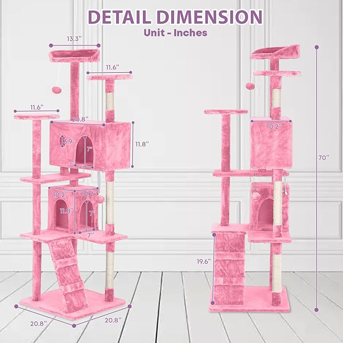 70 inches Cat Tower for Indoor Cats Multi-Level Cat Condos for XL Cat Tree Cat Climbing Tower with Scratching Posts, Hanging Toys,Pink-PawvioPets