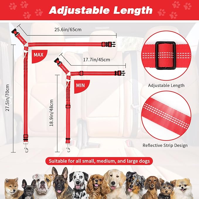 BWOGUE 2 Piece Dog Seat Belt for Car with Elastic Bungee Buffer Safety Seatbelt Car Headrest Restraint Wear Adjustable Metal Buckle Harness in Vehicle Travel for Pet-PawvioPets