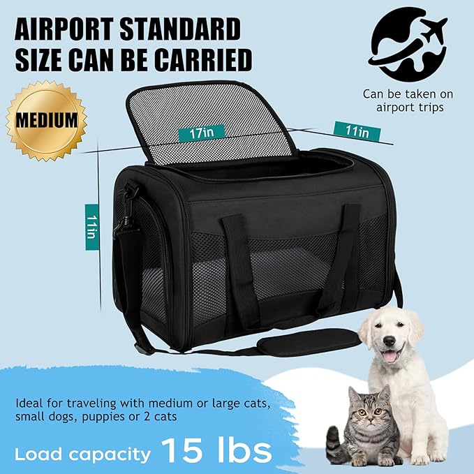 Carriers Soft-Sided Pet Carrier for Cats Dogs Under 15 lbs,TSA Airline Approved with 4 Ventilated Windows(Medium,Black)-PawvioPets