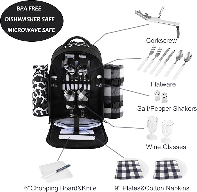 apollo walker Picnic Backpack Bag for 2 Person with Cooler Compartment, Detachable Bottle/Wine Holder, Fleece Blanket, Plates and Cutlery Set (2 Person, Black)-PawvioPets