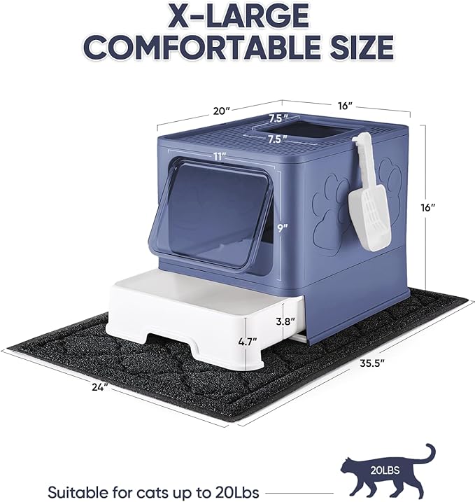 Cat Litter Box with X-Large Litter Mat and Scoop, Large Foldable Litter Box with Lid, Enclosed Kitty Box,Front Top Entry Exit, Odor Control Easy to Clean (Upgrade Midnight)-PawvioPets