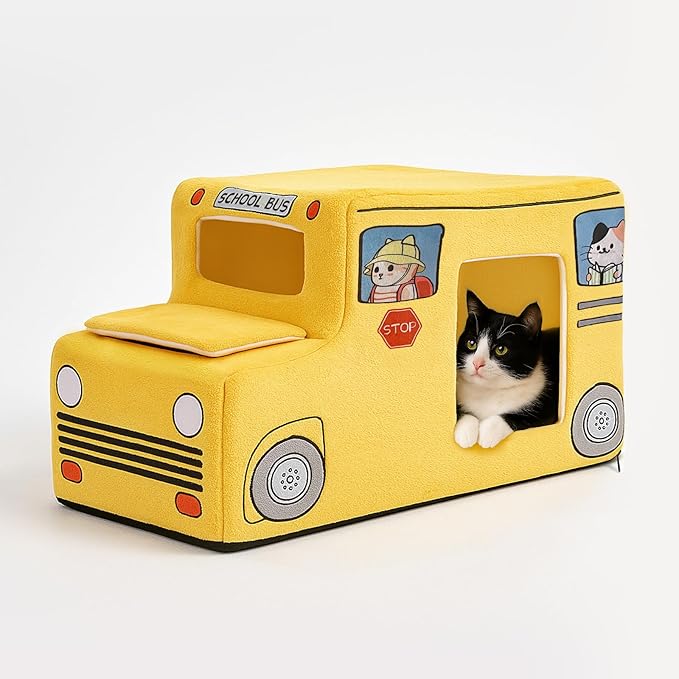 Cute Cat Beds Kitten Beds, Soft Small Dog Beds, Washable Pet Beds for Puppy and Kitty, Funny School Bus Cat Cave, 23 Inches-PawvioPets