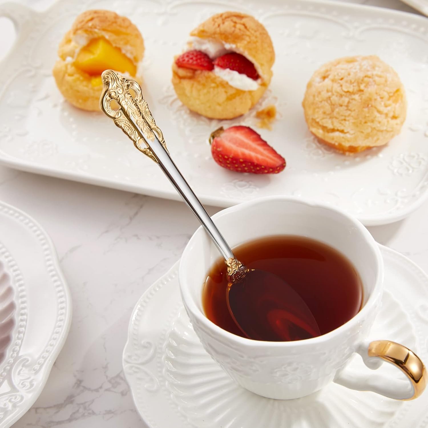 KEAWELL Luxury 6.3" Teaspoons, 18/10 Stainless Steel, Gorgeous Small Spoons, Stirring, Mixing, Sugar, Cake, Dessert Spoons, Mini Antipasto spoons (Gold Accent)