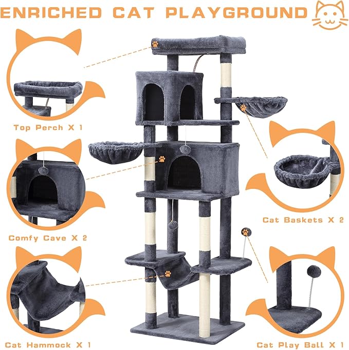 70-Inch Cat Tree,Large Cat Tree Tower with Hammock, Scratching Post, Condo and Multi-Level Cat Tower for Large Cats, Cat Activity Center Playhouse, Dark Gray LCT016-PawvioPets
