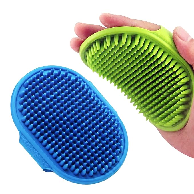 Dog Grooming Brush, Lilpep Pet Shampoo Bath Brush Soothing Massage Rubber Comb with Adjustable Ring Handle for Long Short Haired Dogs and Cats (Blue+Green, pack of 2)-PawvioPets