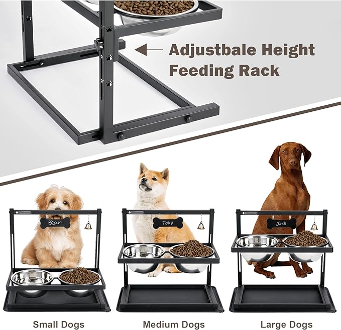 Elevated Slow Feeder Dog Bowls - Raised for Large Dogs, Adjustable Height, 2 Stainless Steel Bowls, Spill Proof Mat, Grey-PawvioPets