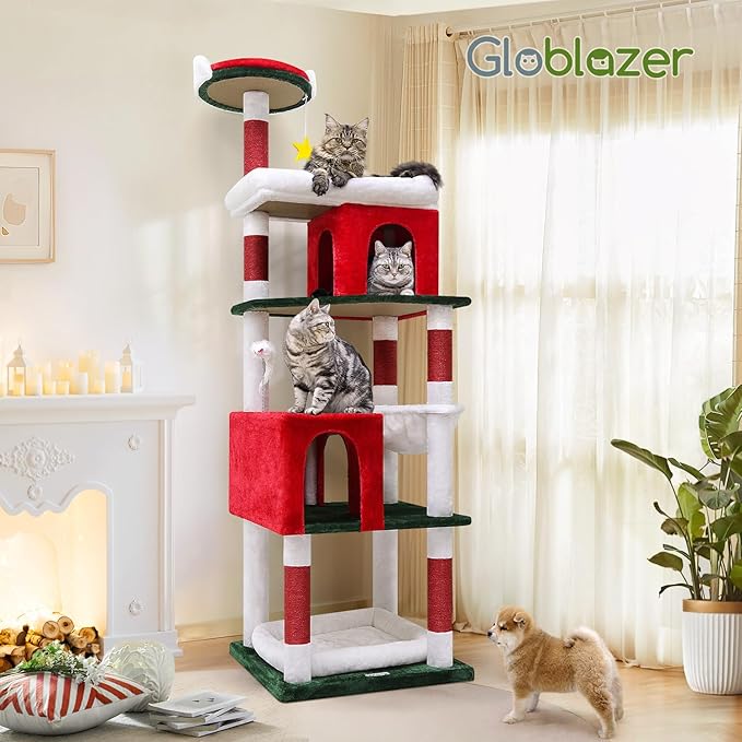 Globlazer Heavy Duty Cat Trees for Large Cats, Sturdy 72in Maine Coon Cat Tree for Large 20 lbs+ Heavy Duty Cat Tower for Adult Biggest Cats with 6 Scratching Posts, Hammock, S72, Red White Green-PawvioPets
