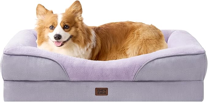EHEYCIGA Memory Foam Dog Bed for Medium Size, Orthopedic Dog Sofa with Sides and Waterproof Liner, Washable Bolster Pet Couch with Removable Cover, 35x22x6.5 Inch, Purple-PawvioPets