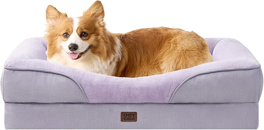 EHEYCIGA Memory Foam Dog Bed for Medium Size, Orthopedic Dog Sofa with Sides and Waterproof Liner, Washable Bolster Pet Couch with Removable Cover, 35x22x6.5 Inch, Purple-PawvioPets