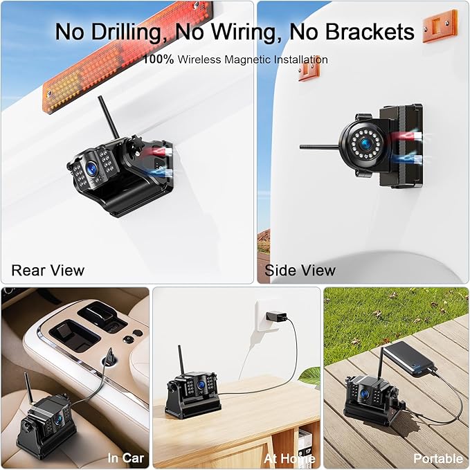 Fookoo 1080P 10" Magnetic Wireless Backup Camera 10" HD Split Screen Monitor,Rechargeable 2 Side View 2 Rear View Cameras,Low Consumption 1-Min DIY Install No Drilling for RV Trailer Truck DCX104-PawvioPets