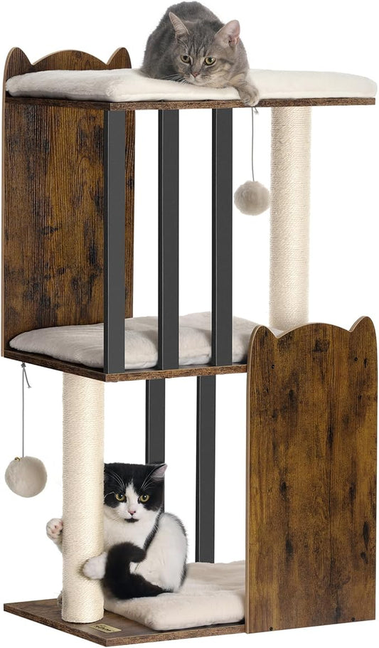 FourFurPets 35.4in 3-Tier Modern Cat Tree Tower Condo, Cat Scratch Posts for Indoor Cats, Big Plate, Two Full Sisal Scratching Posts, Rustic Brown-PawvioPets