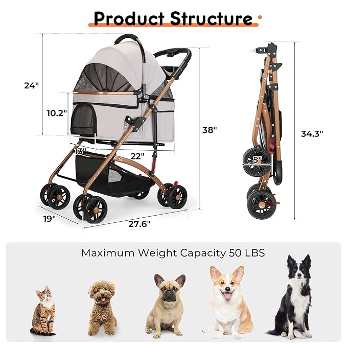 3-in-1 Foldable Pet Stroller for Medium Dogs & Cats (50lbs) - Detachable Carrier, Car Seat, Storage Basket, 5" Lockable Wheels-PawvioPets