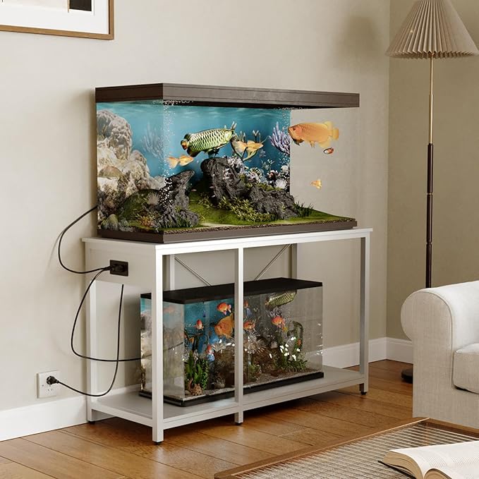 50-75 Gallon Fish Tank Stand with Power Outlet & LED Light, Metal Aquarium Stand with 3 Tier Adjustable Storage Shelves, Tank Stand for Reptile Tank, Turtle Tank, 52" L*19.5" W, White-PawvioPets