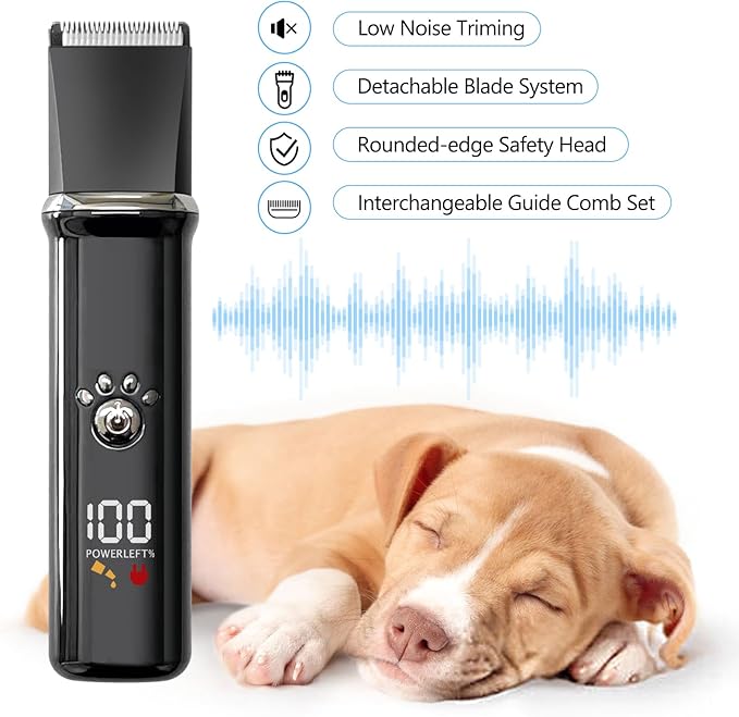 Dog Clippers Grooming Kit - Low Noise, Cordless Electric Trimmer with Nail Grinder for Dogs & Cats, 4 in 1 Rechargeable Clippers for Paws, Ears, Face and Matted Hair (Black)-PawvioPets