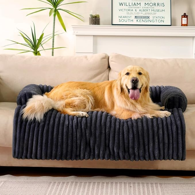 FUNNY FUZZY Pet Couch Cover for Sofa, Calming Dog Bed for Couch, Fluffy Plush Dog Couch Mat for Furniture Protector for Large Medium Small Pets, 47×37 in, Dark Grey-PawvioPets
