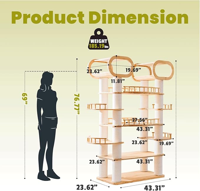 76.8'' Modern Cat Tree, Tall Cat Tower for Indoor Cats, Pine Wood Climb Tower with 2 Removable Mats, Heavy Duty Cat Furniture with Fully Wrapped Scratching Post, Huge Cat Condo for Multi-Cat Families-PawvioPets