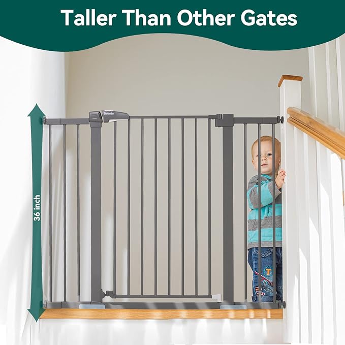 BABELIO 36 Inch Tall Metal Baby Gate, 29-48" Auto Close Pressure Mounted Dog Gate, Gray-PawvioPets