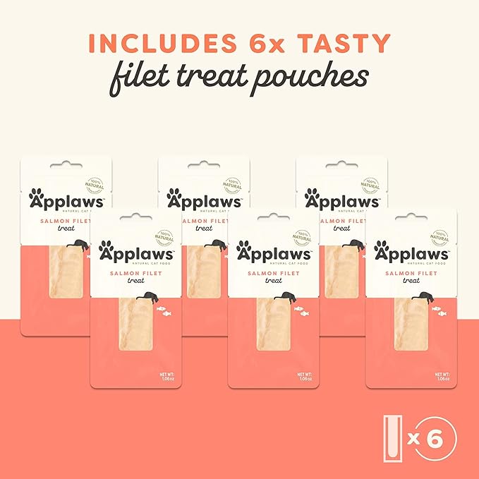 Applaws Natural Cat Treats, Grain-Free, High-Protein Whole Salmon Loins, Single-Ingredient Healthy Snack for Cats (6 x 1.06oz Loins)-PawvioPets