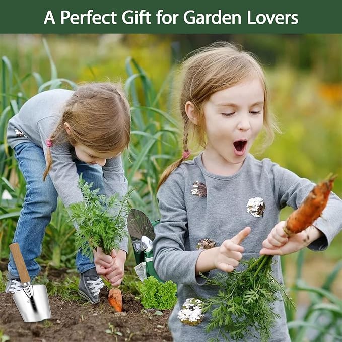 Garden Tool Set, 10 Piece Kit with Heavy Duty Folding Stool, Detachable Storage Tote Bag, Stainless Steel Tools, Gifts for Women Men Green-PawvioPets