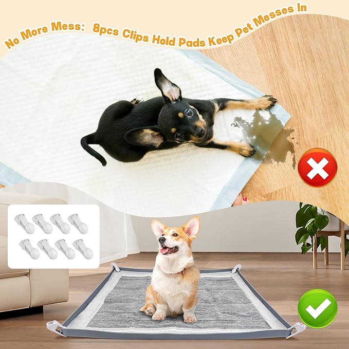 Dog Pee Pad Holder, Puppy Pad Holder Tray for 24'' x 24'' Training Pads, 15pcs Dog Potty Tray Set Include High Edge Silicone Mat & 6 Activated Charcoal Disposable Puppy Pads & 8 Holder Clamps-PawvioPets