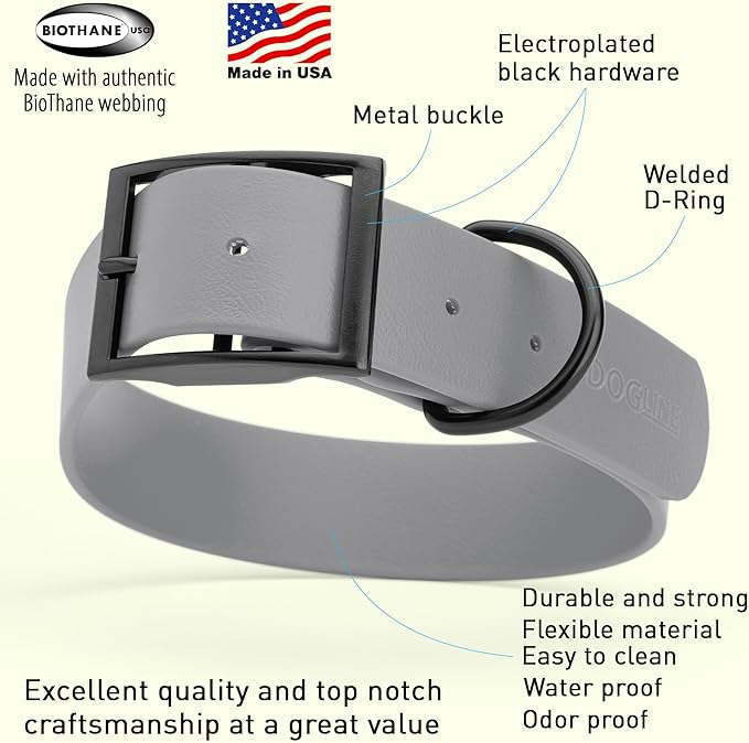 Dogline Biothane Waterproof Dog Collar Strong Coated Nylon Webbing with Black Hardware Odor- Proof for Easy Care Easy to Clean High Performance Fits Small Medium or Large Dogs, Battleship Gray-PawvioPets