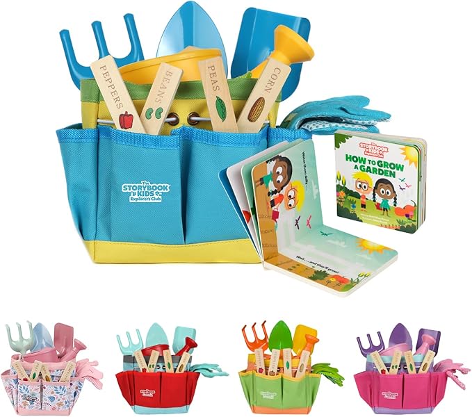Blue Kids Gardening Tools - Includes Sturdy Tote Bag, Watering Can, Gloves, Shovels, Rake, and Delightful Children's Book - Kids Garden Tool Set -Easter Gifts for Toddler Age on up.-PawvioPets