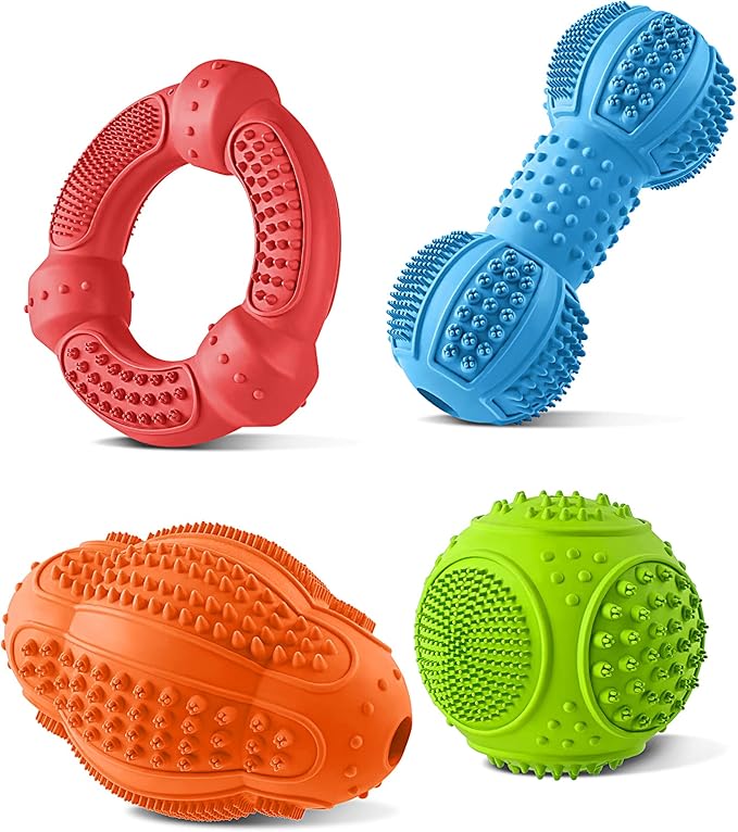 Dog Chew Toys 4 Pack, Dog Toys for Aggressive Chewers Small Medium Large Breed, Multifunctional Teeth Cleaning and Gum Massage, Tough Dog Toys with Natural Rubber for Puppy and Medium Large Dog-PawvioPets