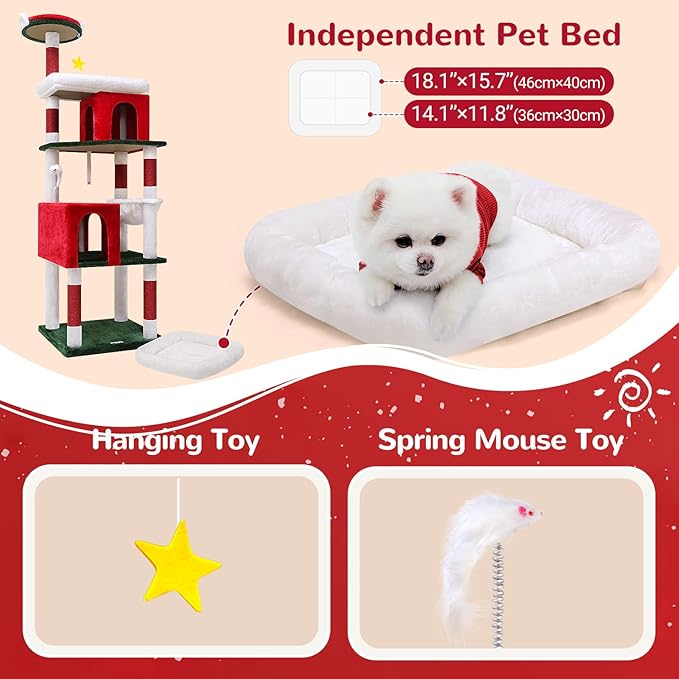 Globlazer Heavy Duty Cat Trees for Large Cats, Sturdy 72in Maine Coon Cat Tree for Large 20 lbs+ Heavy Duty Cat Tower for Adult Biggest Cats with 6 Scratching Posts, Hammock, S72, Red White Green-PawvioPets