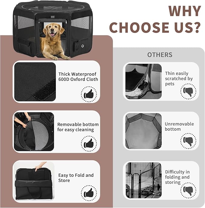 DONORO Dog Playpen Portable Pet Play Pens for Small Dog/Cat/Rabbit/Chicks, Cat Playpen Indoor/Outdoor with Carring Case, Removable Zipper Top and Bottom (Black, Small (29"x29"x15"), 8)-PawvioPets