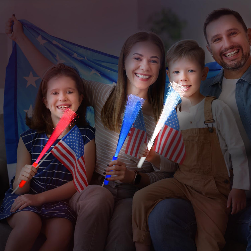 48 PCS Red Blue White Glow Fiber Wands Sticks LED Light Wands 3 Modes Flashing Fiber Optic Light Rod Bulk Fiber Optic Wands for July 4th Party Supplies