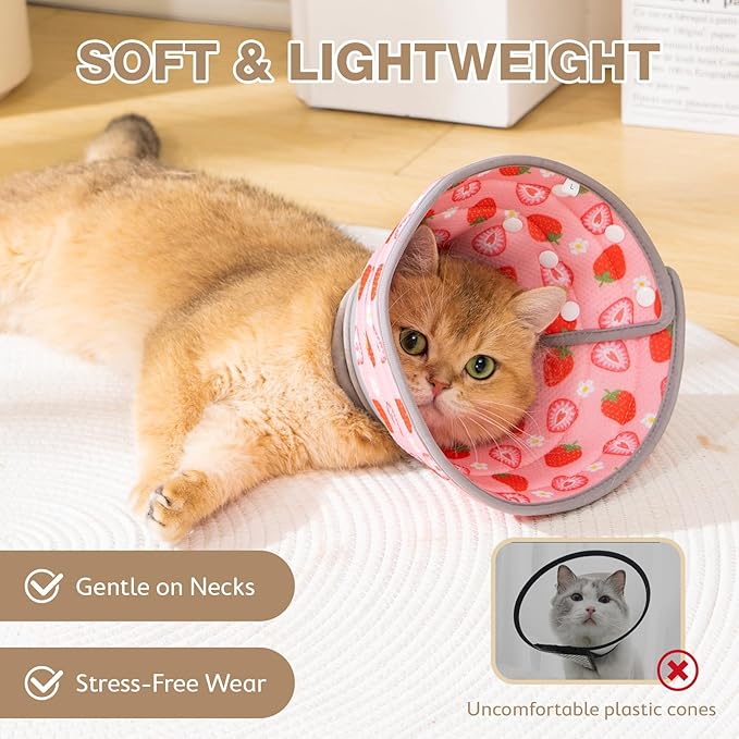 Avont Cat Cone Collar Soft to Stop Licking, Adjustable Foldable Lightweight Kitten Recovery Collar After Surgery for Small Dogs, Elizabeth Cone of Shame Alternative -Strawberry(L)-PawvioPets