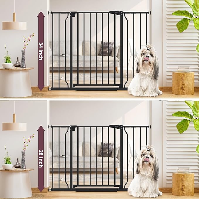 34" Extra Tall Baby Gate for Stairs, Auto Close Stroller Friendly Dog Gate Indoor for Doorways, Pressure Mounted 29"-40" W Baby Gate, Easy Walk Through Gate for Children & Pets, Black-PawvioPets