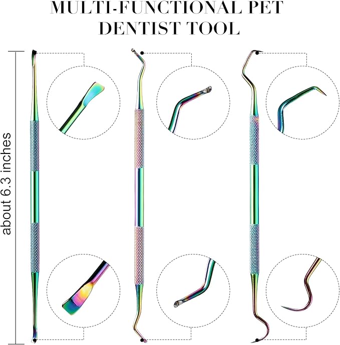 3 Pieces Dog Dental Tooth Scaler and Scraper Stainless Double Headed Tarter Removing Tool Scraper Pet Teeth Cleaning Tools for Dog and Cat (Rainbow Color)-PawvioPets