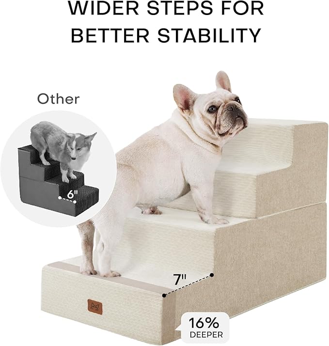 Dog Stairs for High Bed, Dog Steps for Bed Couch Sofa, 35D Foam Extra Wide Pet Steps for Small Dogs and Cats, Pet Stairs with Non-Slip Bottom Beige, 4 Steps-PawvioPets